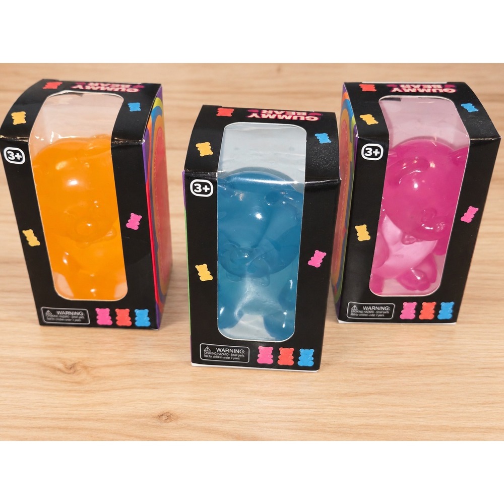 Super Solid Squish Gummy Bear Fidget Toy Set 3 Pack Orange Blue Pink Sensory Toy